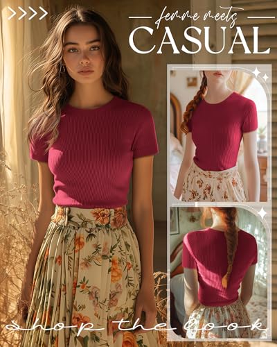 Huukeay 5 Pack Women's Ribbed Cotton Tops Short Sleeve Fitted Slim T-Shirts Crew Neck Casual Basic Summer Tight Tees4