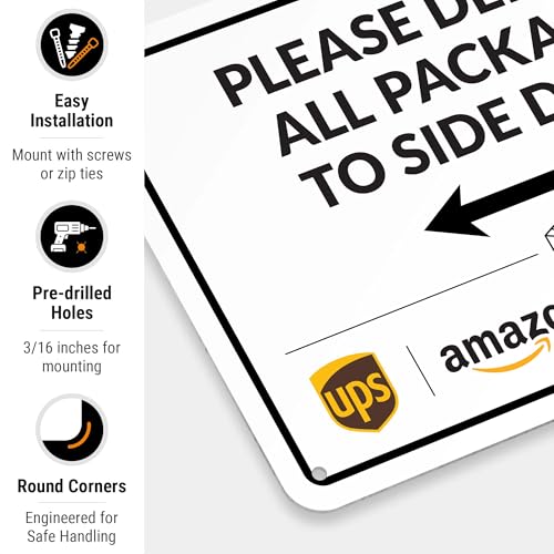 Image of Package Delivery Sign, Delivery Instructions Deliver All Package to Side Door Left Arrow Sign, 10x7 Inches, Rust Free .040 Aluminum, Fade Resistant, Made in USA