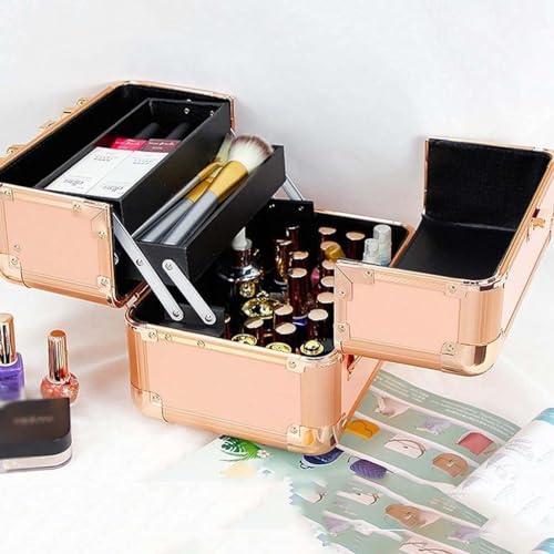 Image of Adson Professional Makeup Box Cosmetics Case Jewelry Organiser Vanity Make Up Storage Box Beauty Train Case Lockable with Keys (Metallic Dusty Rose Gold)