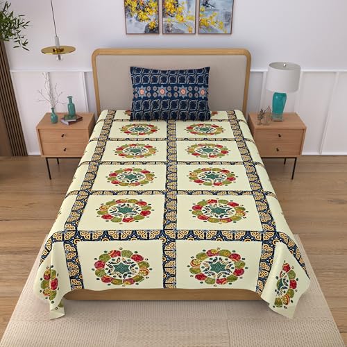 Image of 100% Cotton Single Bedsheet with 1 Pillow Cover | 240 TC Pure Cotton Flat Bed Sheet | Traditional Jaipuri Printed Bedding Set | Soft & Breathable | 60 x 90 Inch (Rangmahal Single 68)