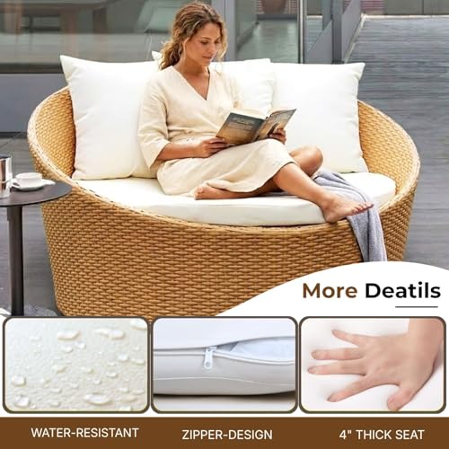 Image of DEVOKO Outdoor Wicker and Rattan Daybed Furniture Set in Beige & White, Perfect for Outdoor, Poolside, Garden, Balcony, Porch, Backyard, Terrace, Patio, Beach Round Sofa, 1 Seater