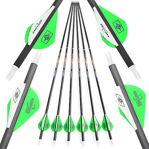 SHARROW 31" Carbon Arrows Hunting Arrows Spine 250 300 350 400 500 600 with Replaceable Tips Targeting Practice Arrows for Compound/Recurve/Long Bow 6/12pcs (12, Green & White, Spine 300) Cover