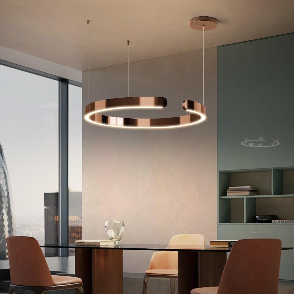 CNMKLM LED Hanglamp Dimbaar Creatief C-vormig Ontwerp Hangende Lamp Moderne Ring Kroonluchter Hoogte Verstelbaar Voor Eettafel, Woonkamer, Eetkamer, Slaapkamer(Brown,1 ring/80CM/50W