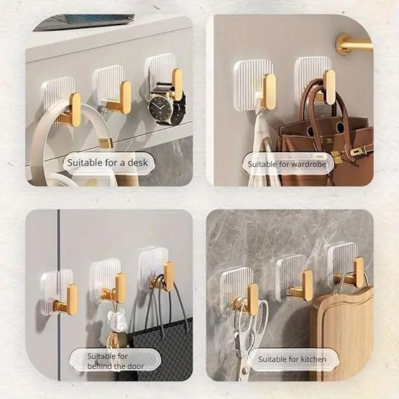 Image of Premium Transparent Wall Hooks with Gold Finish | No Drill Self Adhesive Wall Hooks for Hanging | Waterproof & Strong Hold Wall Hooks for Bathroom, Kitchen, Office & Bedroom Pack of 4