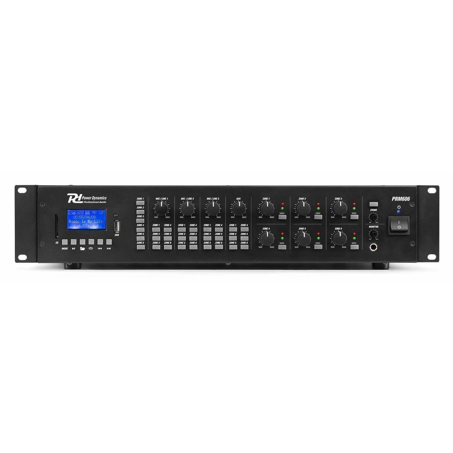 Power Dynamics PRM606 - Amplificateur Matriciel avec 6 Canaux 100 V 6x60W, Lecteur MP3/USB/SD, Technologie Bluetooth, Prises 6,35mm, Idéal pour l'Installation dans Un Bureau ou Magasin