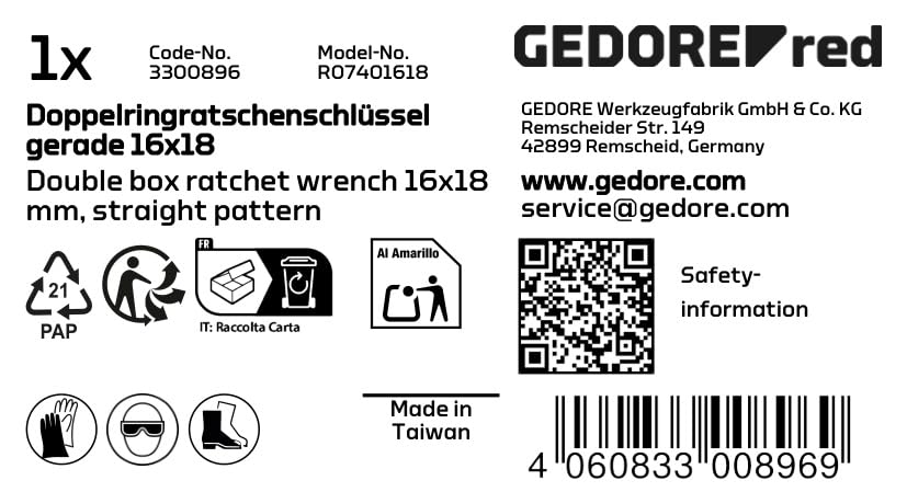 GEDORE Red Double Ring Ratchet Wrench Straight Shape, Metric Spanner Size 16 x 18 mm - Image 2