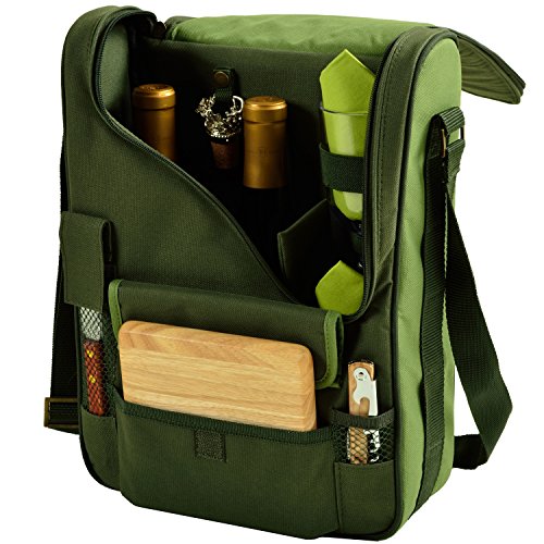 Picnic at Ascot Wine and Cheese Cooler Bag Equipped for 2 with Glasses, Napkins, Cutting Board, Corkscrew , etc. - Forest Green