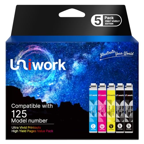 Image of Uniwork Remanufactured Replacement for 125 Ink Cartridge for Epson T125 Use for NX125 NX127 NX130 NX230 NX420 NX530 NX625 Workforce 320 323 325 Printer 5 Pack (2 Black, 1 Cyan, 1 Magenta, 1 Yellow)
