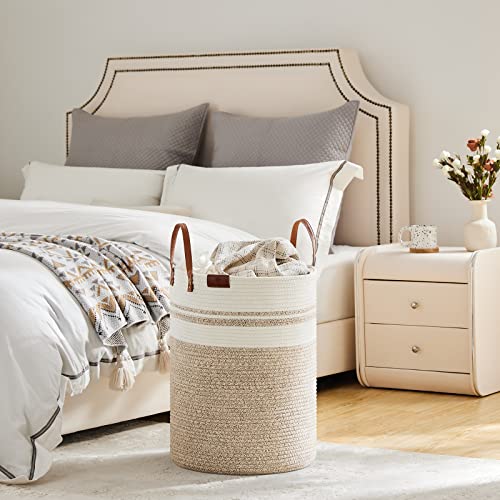 Image of VIPOSCO 58L Tall Woven Rope Laundry Hamper, Leather Handles, Brown & White | Large Wicker Laundry Basket for Dirty Clothes, Blanket, Toy, Towel, Yoga Mat, Storage Bin in Bedroom, Bathroom, Living Room