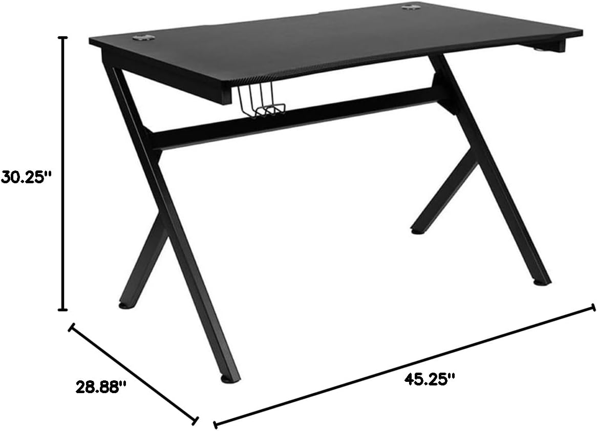 BOWERY HILL Gaming Desk and Reclining Racing Chair Set, 45.25 in Carbon Fiber Desk and 48-51 in LeatherSoft Chair, Black and Red Finish, Modern Style, Adjustable Headrest, Footrest, Cup Holder