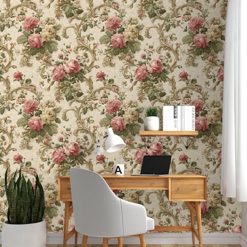 Image of PAPER PLANE DESIGN Vintage Floral Self Adhesive Wallpaper Peel & Stick, Waterproof, Stain-Proof & Self Adhesive Vinyl | Easy to Clean | 16 in X 90 in, Decor for Bedroom, Hallway, Living Room (D)