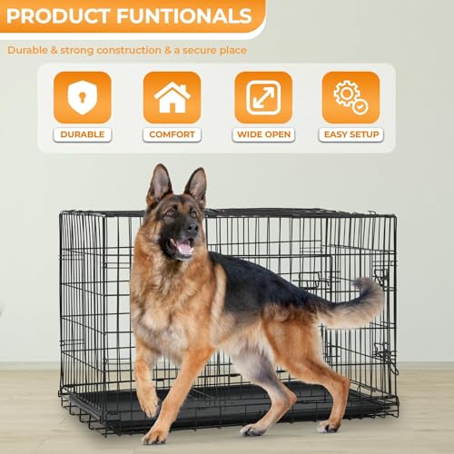 Faltbarer Hundekäfig mit 2 Türen, herausnehmbarem Tablett, 107 x 70 x 76 cm, Transportkäfig für Hunde, Kaninchen, Welpen und Haustiere, aus Metall, Schwarz