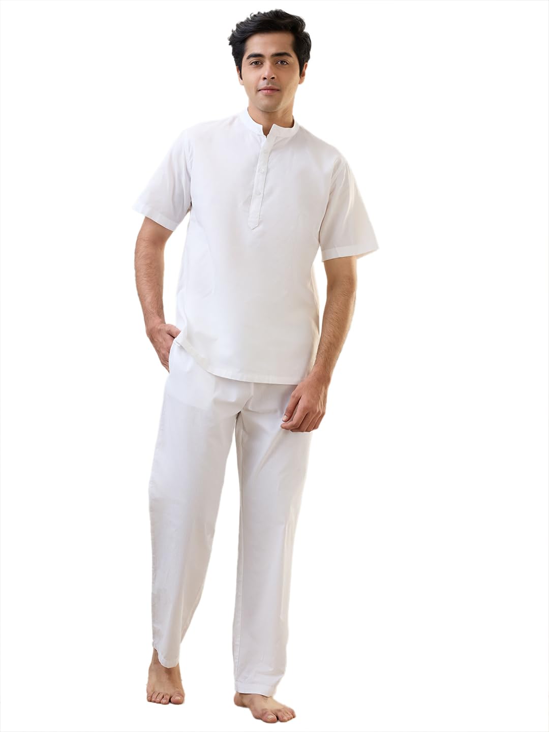 Men Comfort Fit Solid Pattern Cotton Polyester Blend Mandrin Collar Kurta Set-image-42