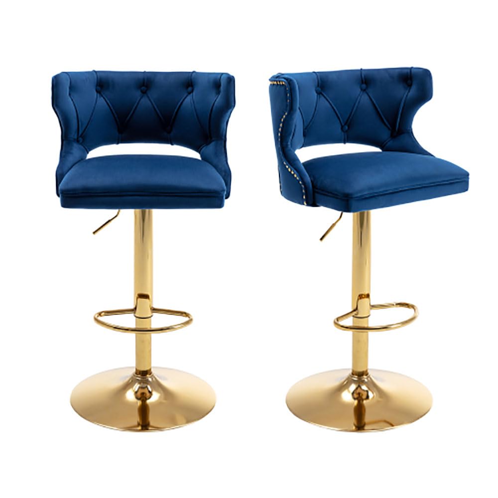 Jinsi Nan] Bar Stools Set 2, 360°Swivel Adjustable Barstools with Back and Footrest, Modern Upholstered Counter Height Bar Chairs for Home Bar Kitchen Island Dining Room (Velvet Blue)