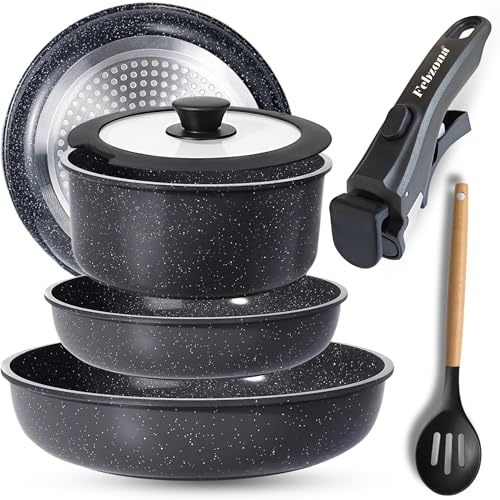 Image of Febzona 6 Pcs Pots and Pans Non Stick Cookware Combo Set Induction Ready, with Detachable Handle, Stackable Kitchen Cooking Set Removable Handles, Oven Safe, frypan Tea pan Utensils (Stone Black)