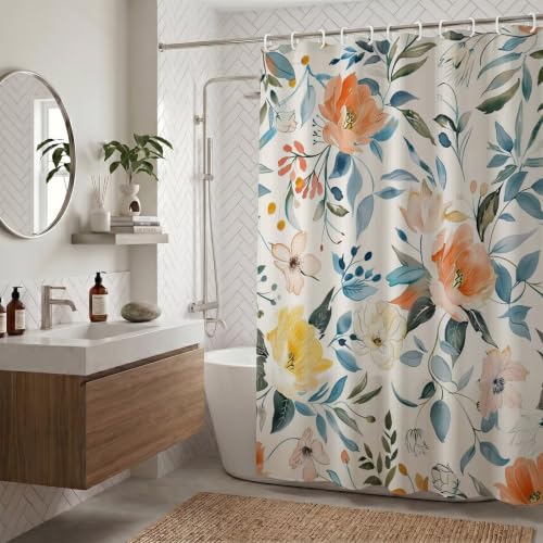 Rideau de douche imperméable et lavable en machine tissu polyester fleur