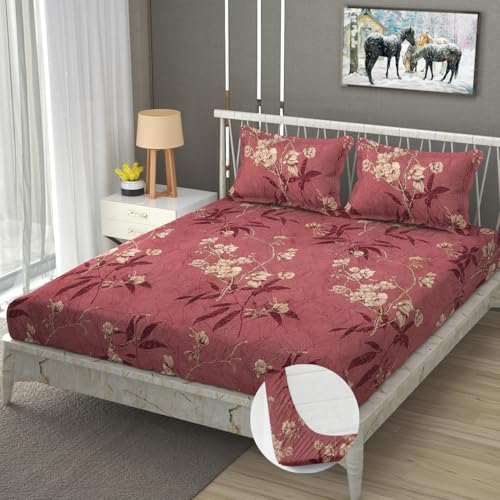 Image of Premium Heavy Cotton Elastic Fitted Bedsheets with 2 King Size Pillow Covers | Diwan Bed with All Around Elastic 350 TC | 48 x 78 x 6 Inch Diwan Size Fitted | :- Baby Pink Flower