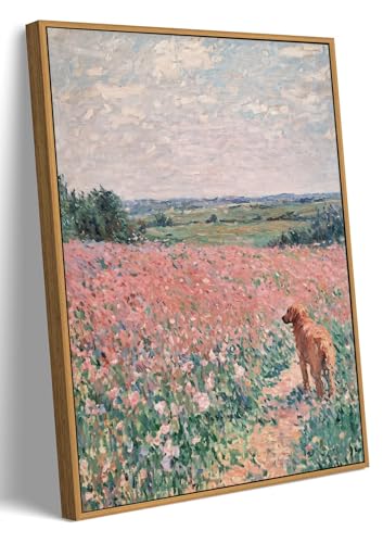 LJTYTHJA Vintage Landscape Framed Wall Art, Monet Golden Retriever Dog