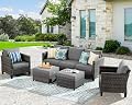 HOOOWOOO Patio Conversation Sets,5 Piece Wicker Outdoor Furniture Set with Ottoman,All Weather Resistant Modern Outside Out Door Rattan Couch Chairs Set,Charcoal Gray