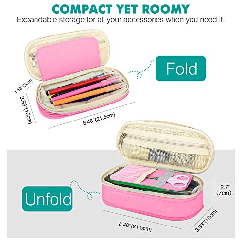 Image of MoKo Large Capacity Pencil Pen Case, Big Capacity Storage Bag Pouch Box, Stationery Organizer with Zippers for Office /School Supplies - Beige & Pink