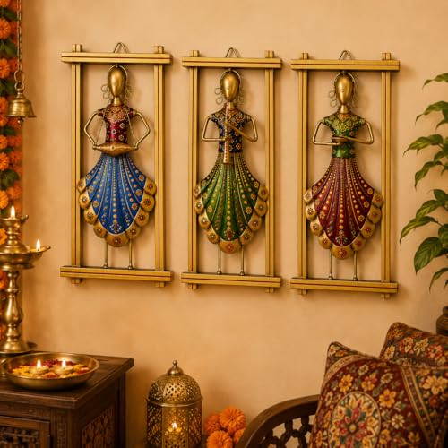 Image of iHandikart Handmade Metal Wall Art Set of 3 for Home Decor | Traditional Rajasthani Lady Musician & Folk Art Wall Hanging | Hand-Painted Iron Wall Art | Living Room & Bedroom Decor | 13 x 7 Inch Each