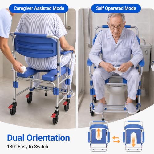 Image of 4-in-1 Bedside Commode Wheelchair with Drop Arms & Lockable Casters