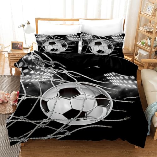 KAIDAARTLH Set de Linge de lit Football 200x200cm, Motif Football Imprimer Housse de Couette en Microfibre, avec Fermeture éclair et 2 taies d'oreiller 50 X...