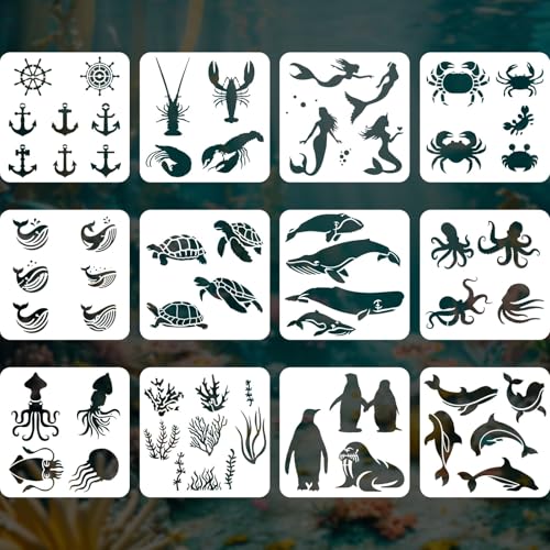 YKW 12 Pcs Sea Life Stencils Set, Reusable Marine Creatures Painting Templates for DIY Ocean Crafts, Nautical Decor, for Wood Walls Chalkboards Rocks DIY Art Projects,Ideal for Crafters,and Artists