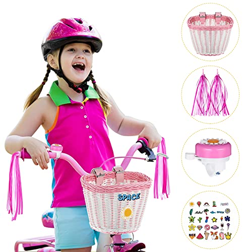 Cesta de mimbre blanca y rosa de bici con serpentinas y timbre para niños 2