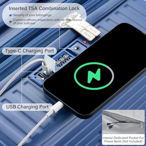 Hard Shell Suitcases Expandable Travel Luggage Sets 3 Piece, Carry on and Check in 3 Piece Luggage Suitcase Sets with Spinner Wheels Cup Holder Charger Built in (Interstellar Blue, 20/24/28)3