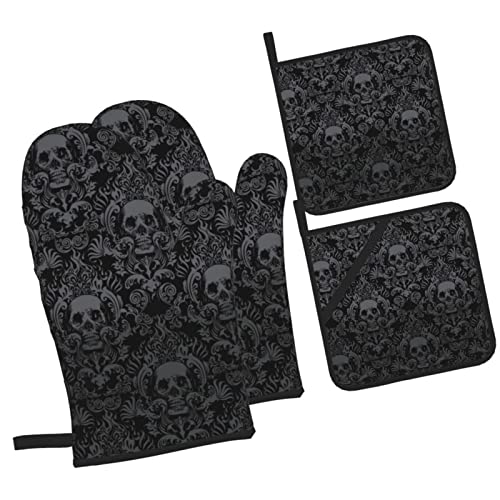 Donmyer Gothic Skull Flower Black Oven Mitts And Pot Holders Sets Of 4 High Heat Resistant With Gloves Hot Pads Potholders For Kitchen Cooking Non-Slip Mitts, 7.2X11In+8X8In #TOP1