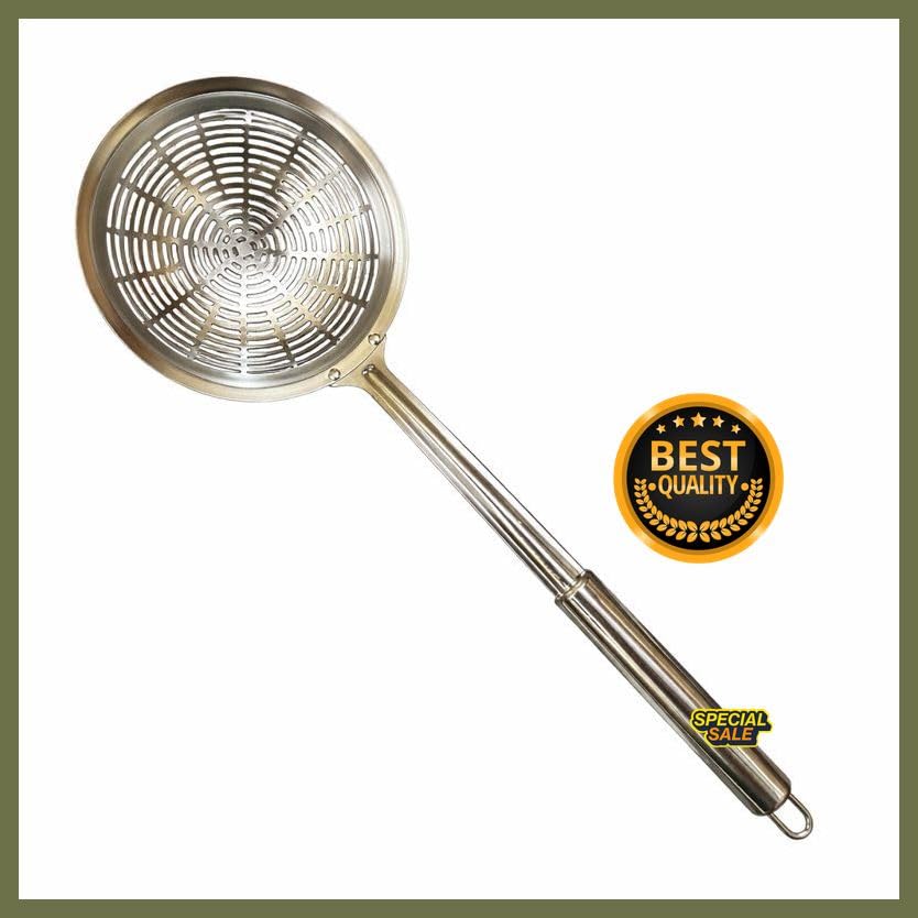 Image of Stainless Steel Oil Skimmer Jhara for Deep Frying | Heavy Duty Puri Pakora Frying Strainer | Long Handle Oil Drain Spoon | Rust Free Kitchen Skimmer