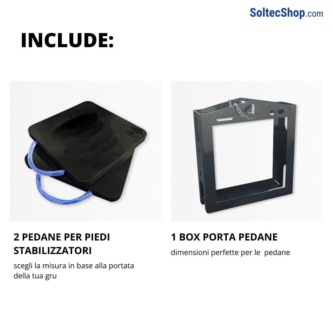 Coppia di pedane per piedi stabilizzatori gru 40x40x5 cm e box per trasporto, piastre per gru e gabbia in acciaio con chiusura di sicurezza