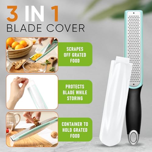 Image of Spring Chef Premium Lemon Zester Grater with Handle - Fruit, Lime, Orange, Nutmeg, Garlic Grater - Heavy Duty Kitchen Tool - Stainless Steel Citrus Zester with Blade Cover - Fine Shred - Mint /Black