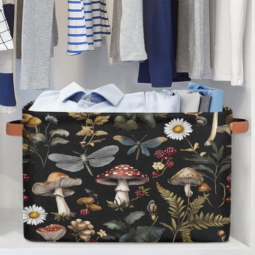Image of Mushrooms Daisies Storage Baskets for Organizing, Fabric Collapsible Storage Bins Box Forest Plants Decorative Toy Organizer Baskets for Closet Shelves Gift Basket 2Pcs