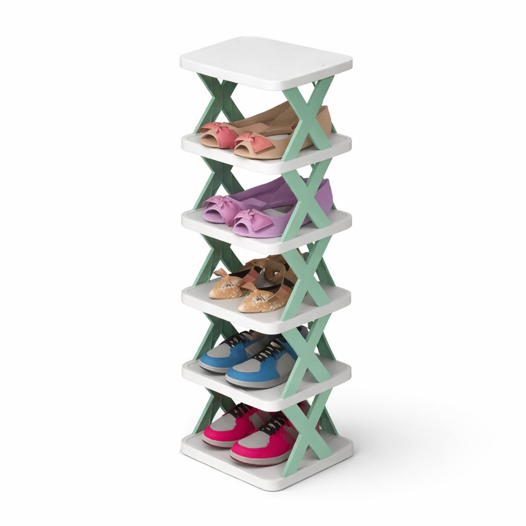 stelite 5-layer plastic shoe rack for home | stackable & adjustable shoe organizer | space-saving foldable stand with shoe & book storage shelves | green, medium