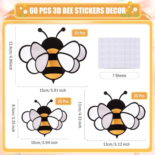 Image of FOBSME 60 Pcs 3D Bee Stickers 3 Sizes Tiny Ornaments for Honey Bee Party Wall Decal Decorations Yellow Honey Bees Clings for Home Classroom Office Fridge Window Decor Spring Summer Party Supplies