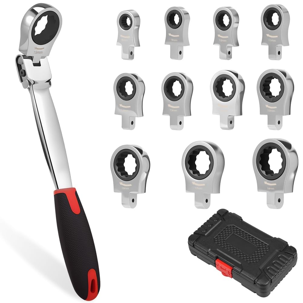 Koolenry Flex Head Ratcheting Wrench Set, 8-19mm Metric Ratchet Wrench Tool with Interchangeable Heads & Storage