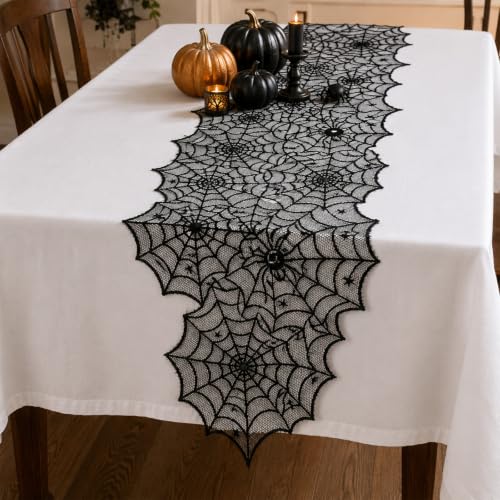 Oeyliz Halloween Decorations Black Lace Spider Web Table Runner 18 x 72Inch - image 6