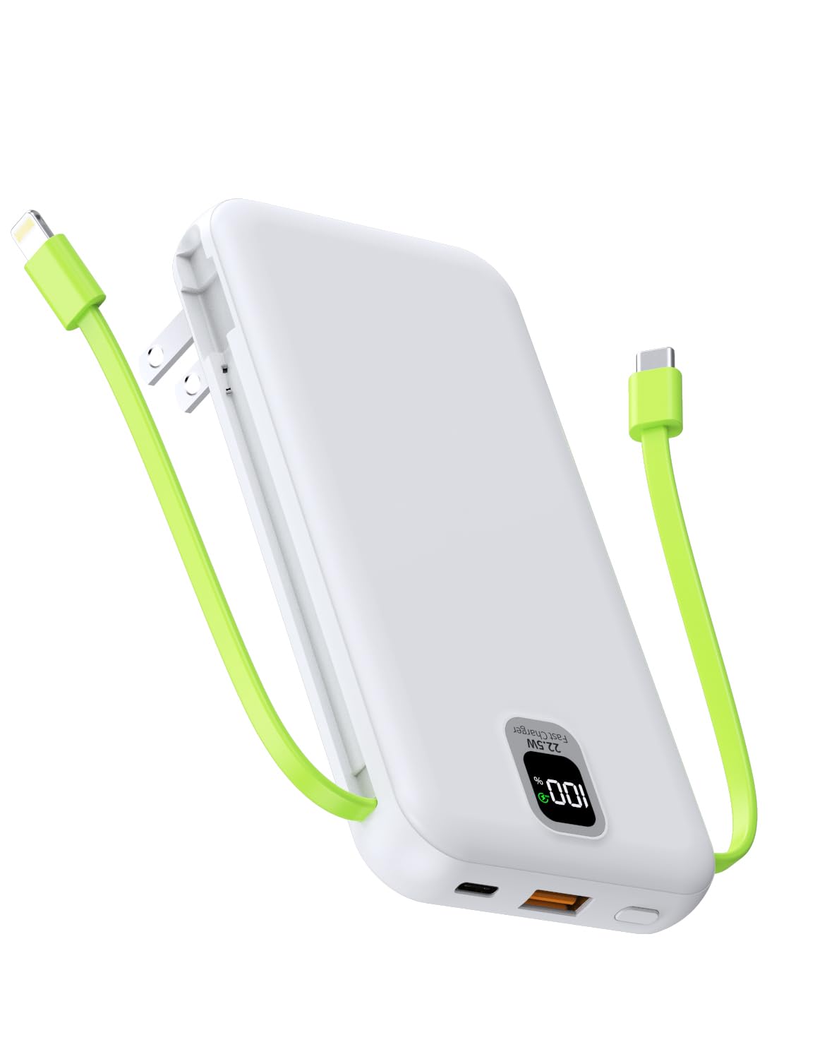 bodbod Portable Charger with Built-in Cables & AC Wall Plug 10000mAh Power Bank Fast Charging USB C for iPhone Samsung Android Phone QC22.5W&PD20W External Battery Pack Travel Accessories(White)