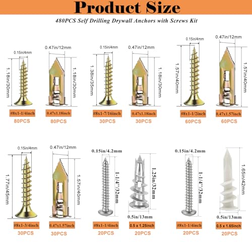 Image of 480 PCS Self Drilling Drywall Anchors Kit with Screws - 4 Sheetrock Anchors & 5 Screw Sizes (2026 Upgraded), No Drill Needed, Zinc Plated Steel and Plastic, Heavy Duty Wall Anchors