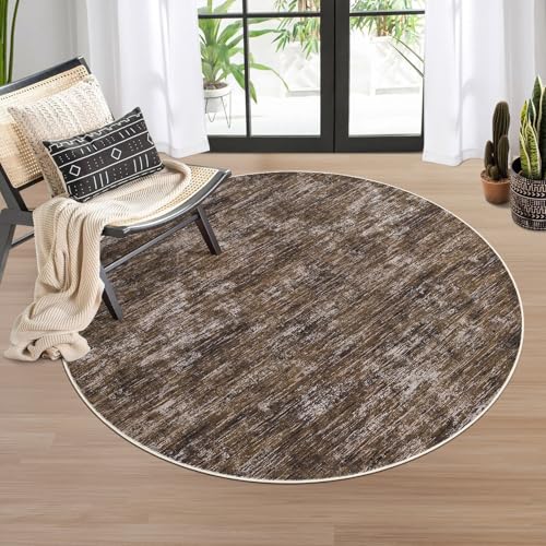 RUGSREAL 3x3 Round Area Rug Small Washable Circle Rug Non Slip Stain Resistant Entry Mat Modern Solid Color Round Living Room Carpet Low Pile Soft Bedroom Mat Neutral Rug for Bedside Nursery, Brown