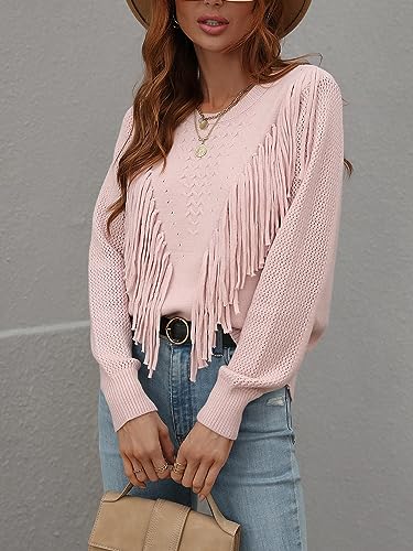 Image of Women's Casual Crewneck Fringe Tassels Crochet Long Sleeve Knitted Fall Sweater Pullover Tops