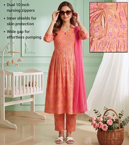 Image of DUMMY SHAPE Maternity Dresses for Women Cotton Rayon | Floral Kurta Pant Dupatta Set with Nursing Zippers to Pre & Post Partum | Feeding Kurtis | Mom to Be Gifts for Pregnant Woman