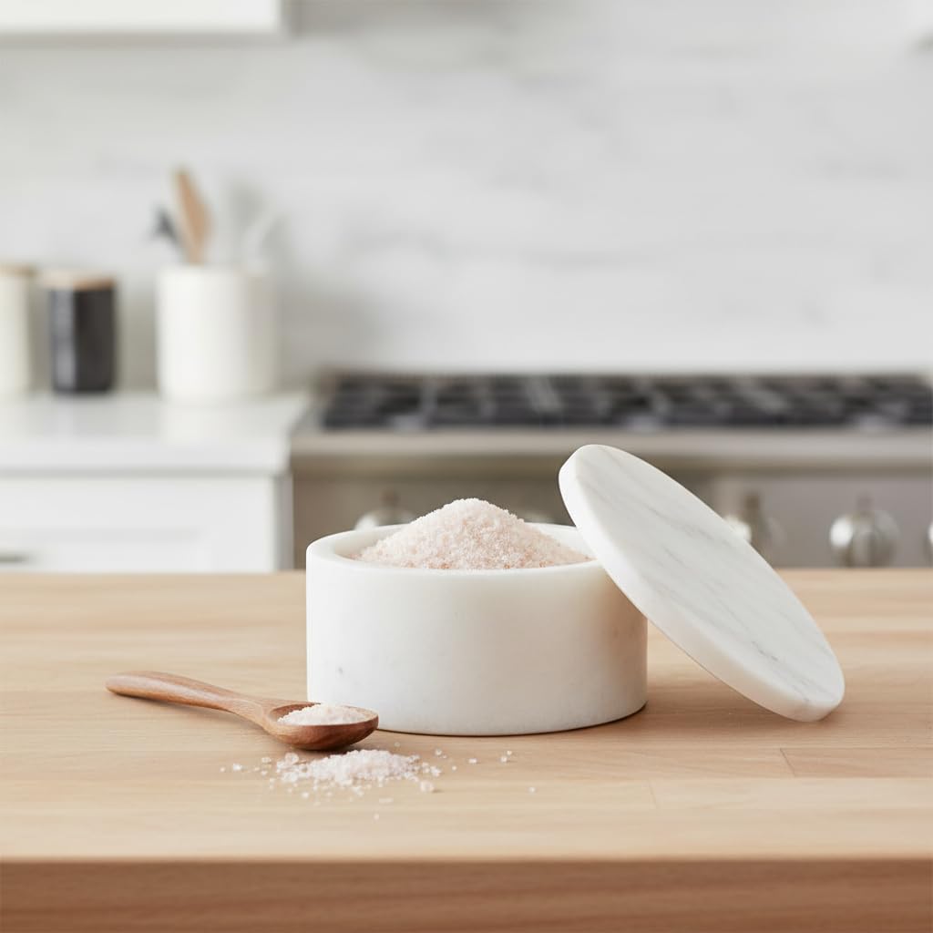 TABHOUKIT Saliera in Marmo con Coperchio Cucchiaio in Legno, Portasale Pepiera Contenitore Moderno per Spezie, Sale o Pepe, Zucchero, Barattolo di Stoccaggio per la Cucina (Ciotola Nera