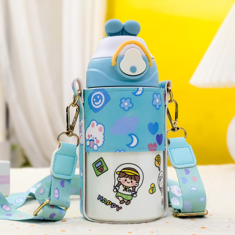 Ginoya Brothers Kids Water Bottle, 500 ML Stainless Steel Double Wall Vacuum Insulated Wide Mouth Bottle with Leakproof Straw Lid. (Sky Blue)