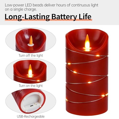 Image of Rechargeable LED Candles, Real Wax, 4 5 6 in,Red, 3 Pack | USB Rechargeable Real Wax Candles with Remote, Timer and Star Lights