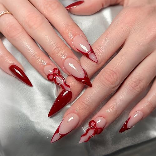 New Years Press on Nails Long Almond Fake Nails with 3D Red Bow F...