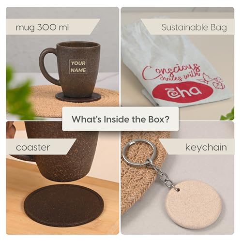 Image of Eha Earth Friendly Customised Coffee Mug, Coaster with Bag 300 ml, Set of 1 | Made with Rice Husk Biocomposite | Personalized Gifts for Friends and Family | Coffee