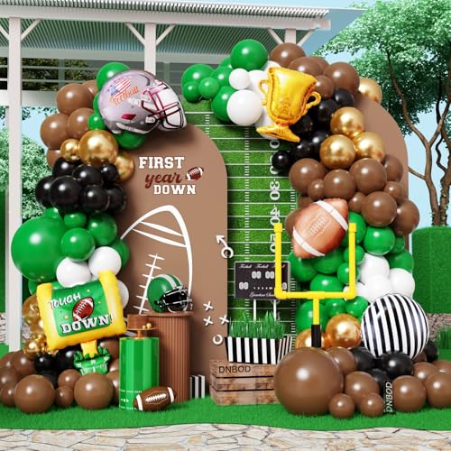 Football Balloon Arch Kit 135Pcs Green Brown Black Balloon Garland with Football Helmet Field Goal Post Trophy Foil Balloons for Sports Rugby Birthday Big Game Touch Down Tailgate Party Decoration